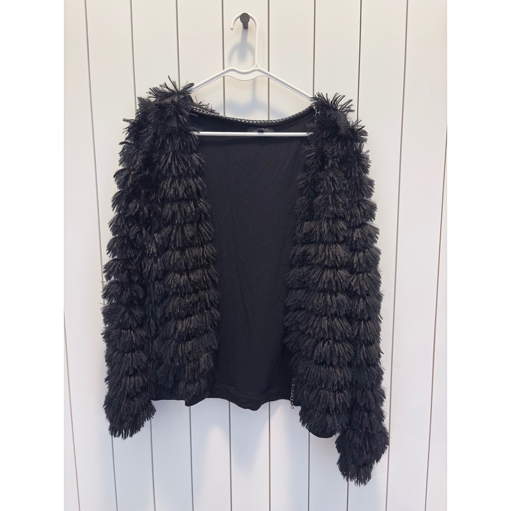 Fate Shaggy Fringe Cardigan Womens Small Black Chain Trim Glam Rock‎ Goth Chic